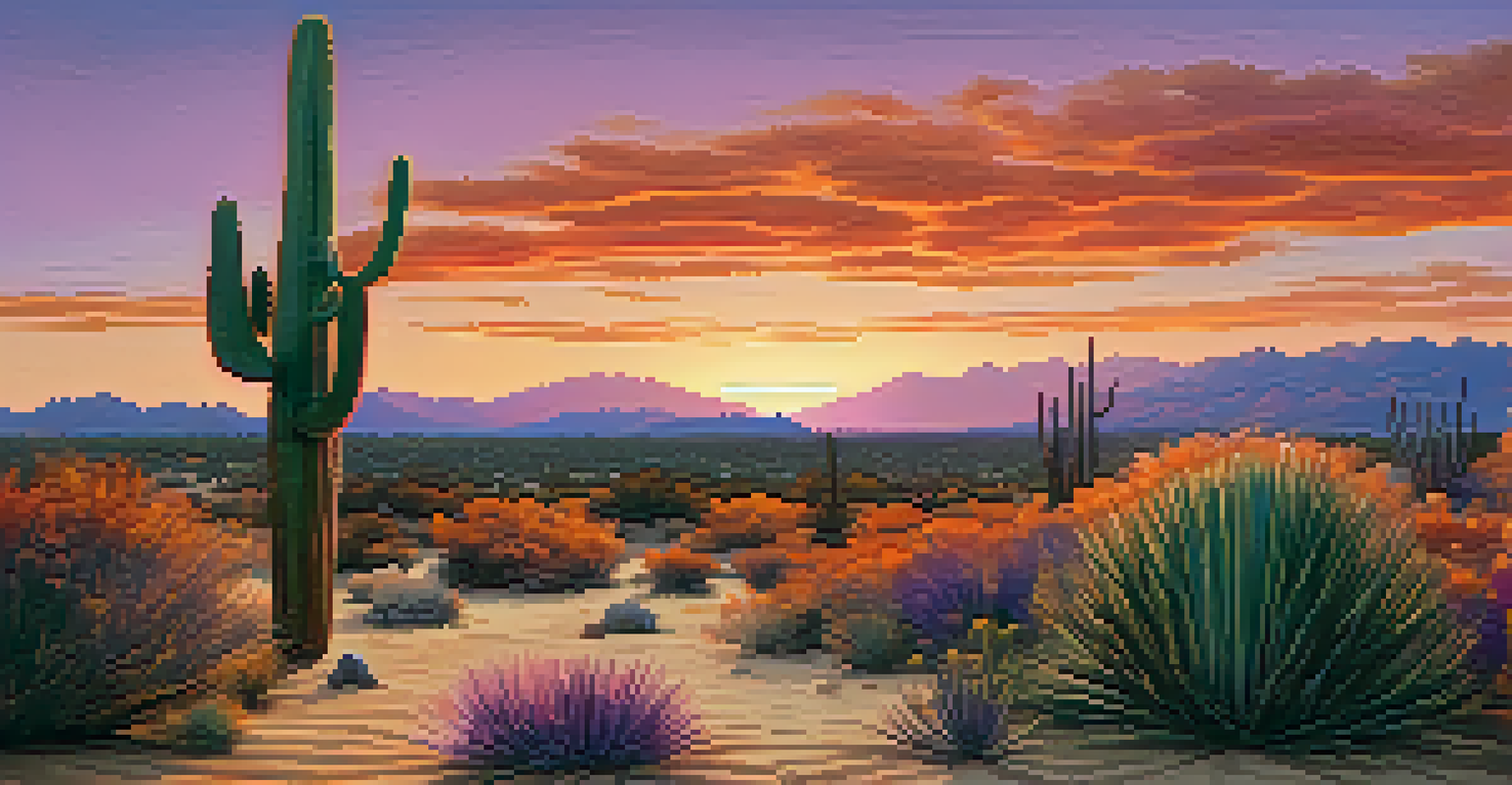 Desert landscape at sunset with an art installation made of natural materials, colorful sky, and cacti surrounding the scene.