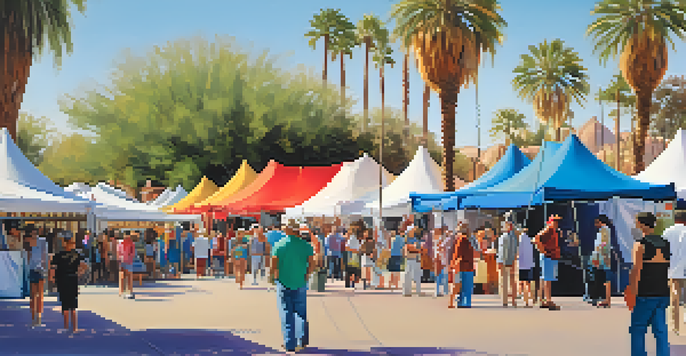 A colorful arts festival in Scottsdale with artists and diverse visitors engaging under bright tents and palm trees.