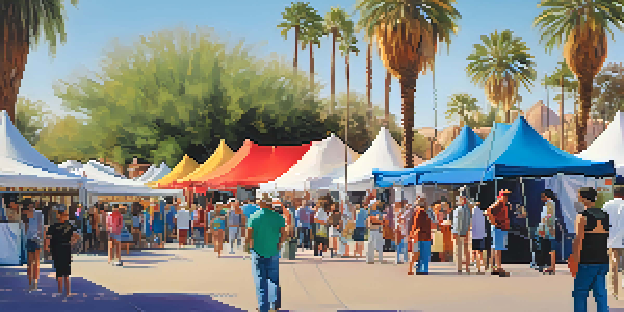 A colorful arts festival in Scottsdale with artists and diverse visitors engaging under bright tents and palm trees.