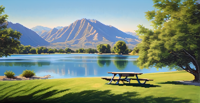 A peaceful picnic scene with a blanket under a tree by a lake, surrounded by green grass and mountains in the background.