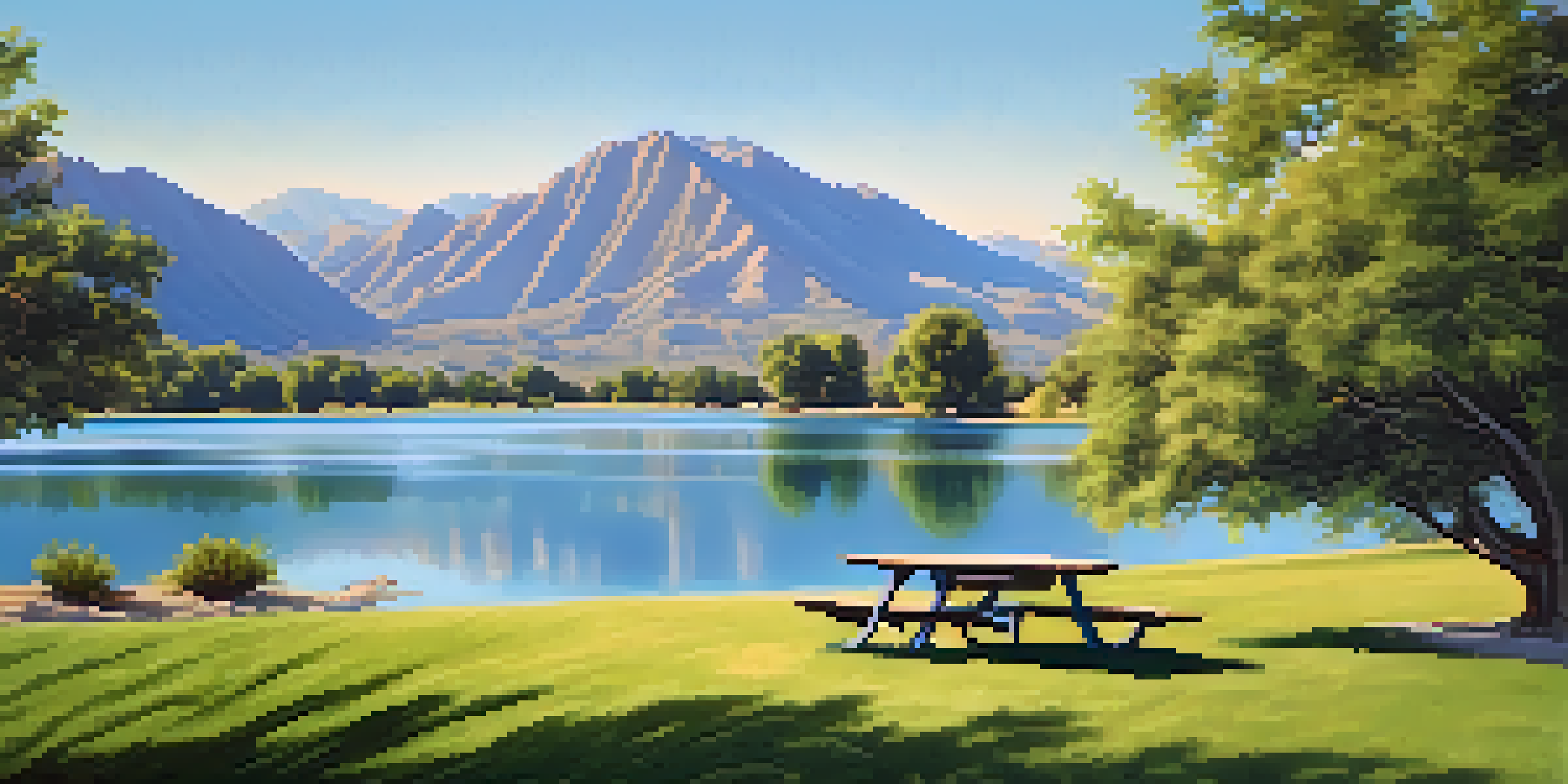 A peaceful picnic scene with a blanket under a tree by a lake, surrounded by green grass and mountains in the background.