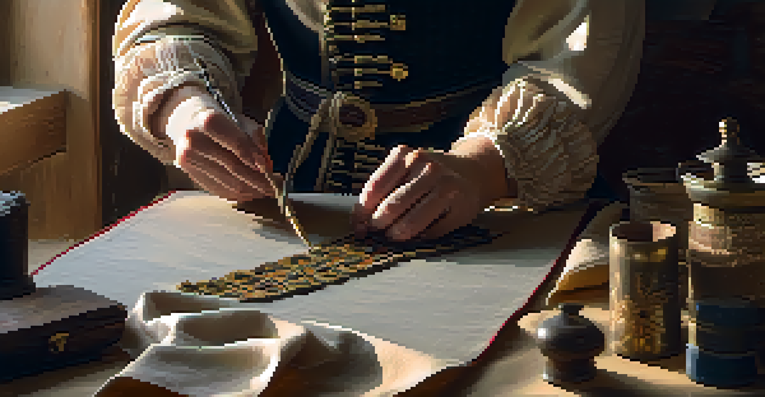 A skilled reenactor working on a historical costume, surrounded by fabrics and tools, illuminated by natural light.