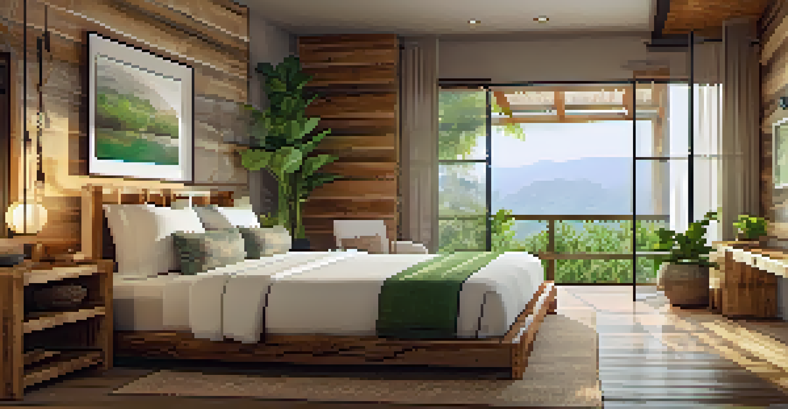 A cozy hotel room with natural materials, refillable toiletries, and large windows filled with sunlight and green plants.