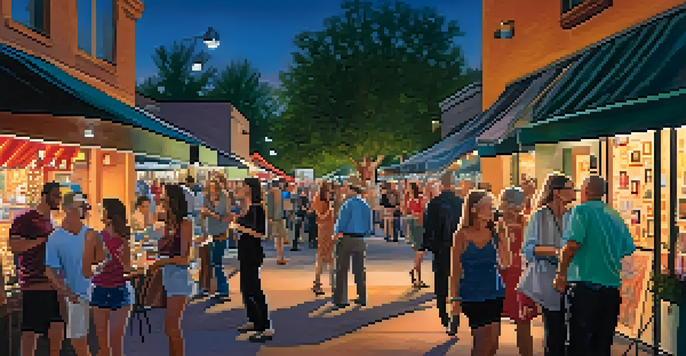 A lively street scene during the Scottsdale Art Walk, with people admiring art and engaging with artists under warm street lights.