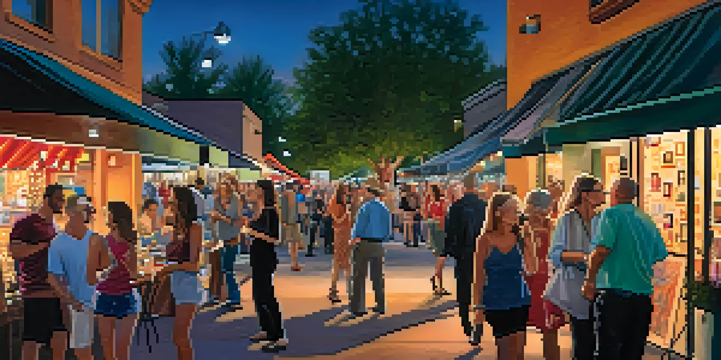 A lively street scene during the Scottsdale Art Walk, with people admiring art and engaging with artists under warm street lights.