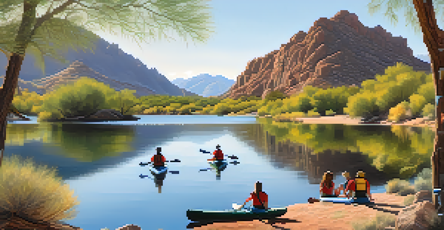 A peaceful hiking path along Saguaro Lake, with hikers enjoying a picnic and kayakers on the water, set against a backdrop of mountains.