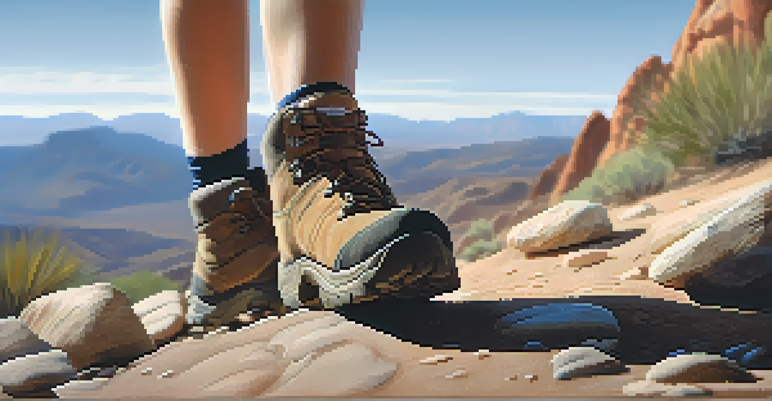 A close-up of a hiker's boot on a rocky path in the desert, with a blurred landscape in the background.