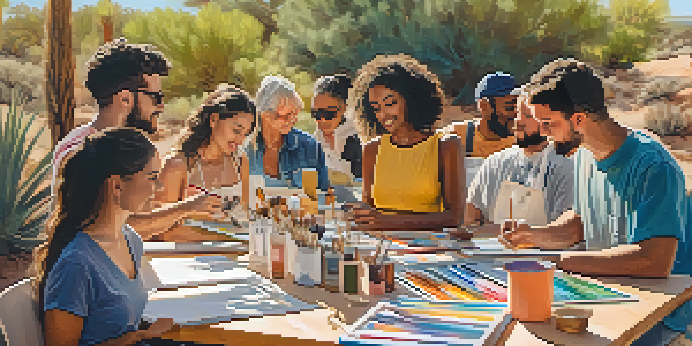A lively outdoor arts workshop in Scottsdale with diverse individuals painting on canvases surrounded by desert plants.