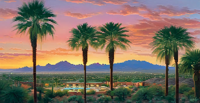 A panoramic view of Scottsdale, Arizona, featuring desert landscapes, luxury homes, and a vibrant sunset.