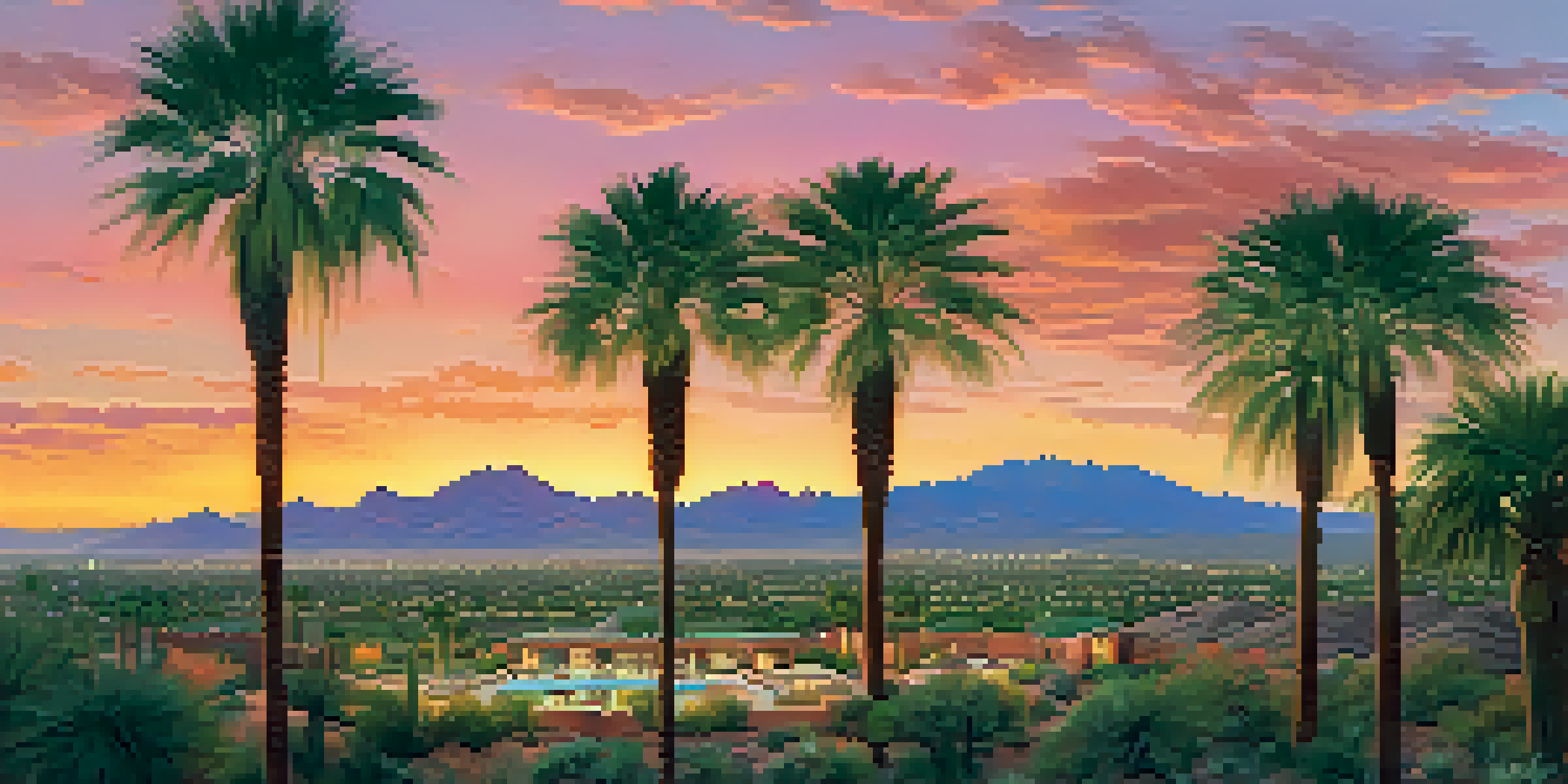 A panoramic view of Scottsdale, Arizona, featuring desert landscapes, luxury homes, and a vibrant sunset.
