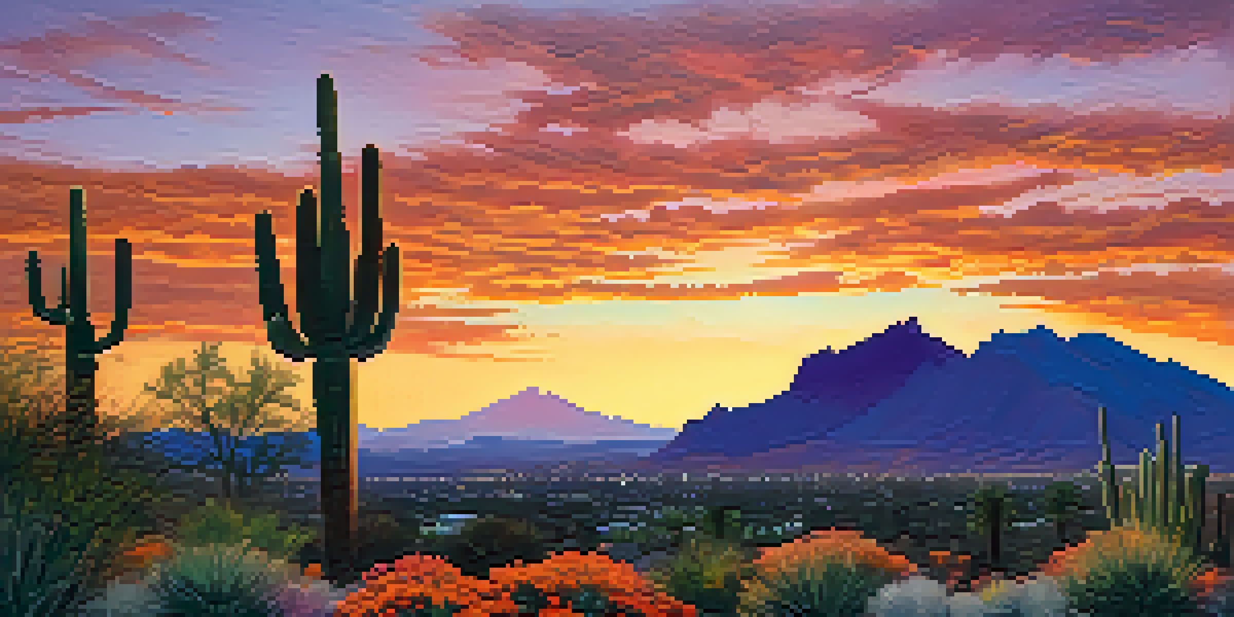 A dramatic sunset behind Camelback Mountain with vibrant colors and desert plants in the foreground.