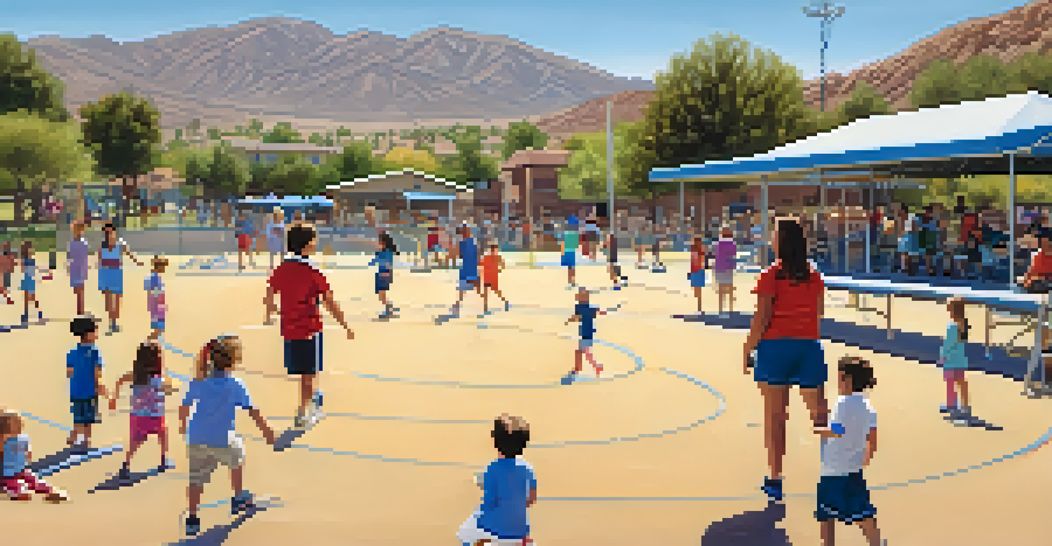 A family playing soccer in a park with a playground and mountains in the background.
