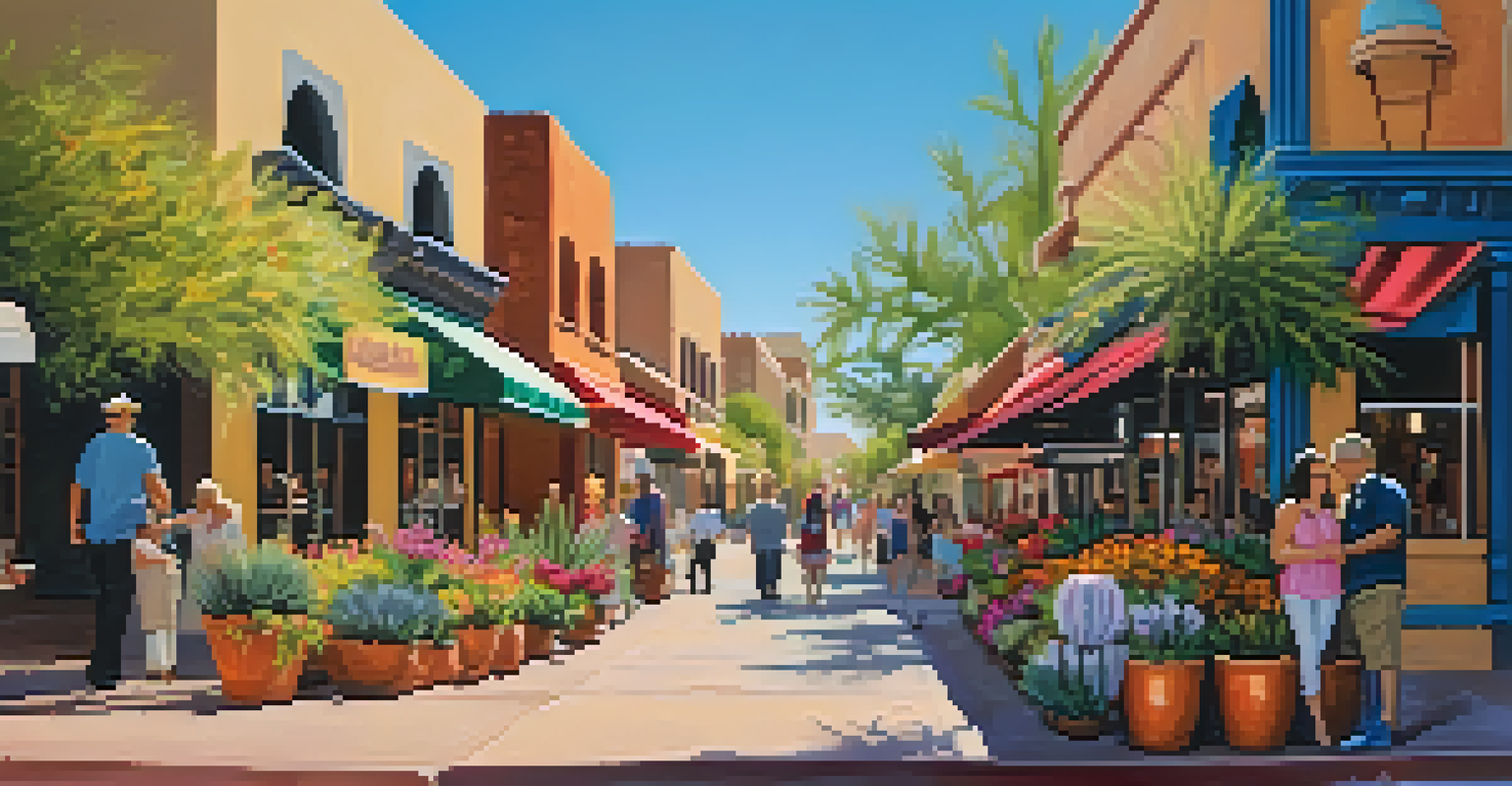 A lively street view of Old Town Scottsdale filled with art galleries, unique buildings, and colorful flowers.