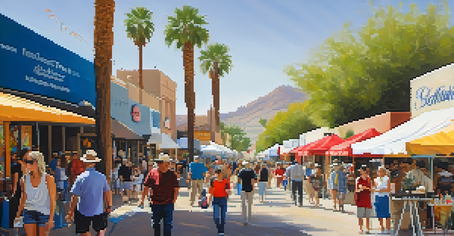 A lively scene at the Scottsdale Arts Festival, showcasing colorful art displays, artists at work, and visitors enjoying the vibrant atmosphere under sunny skies.