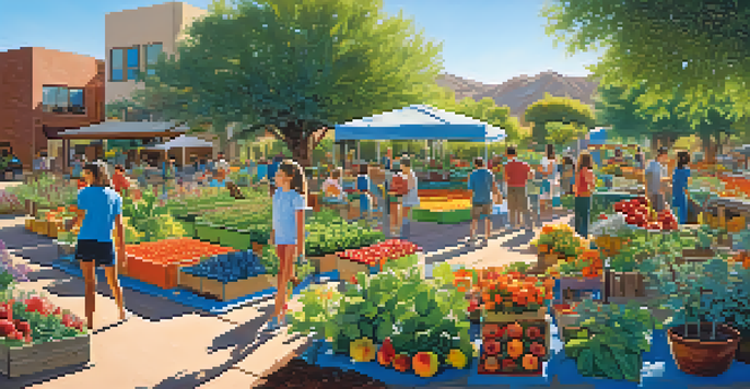 A lively community garden with people gardening, colorful plants, and a sunny blue sky.