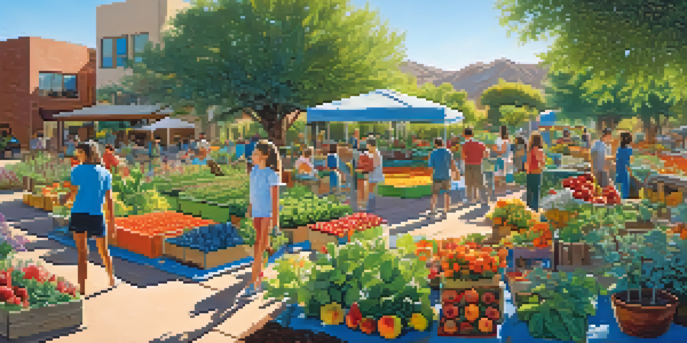 A lively community garden with people gardening, colorful plants, and a sunny blue sky.