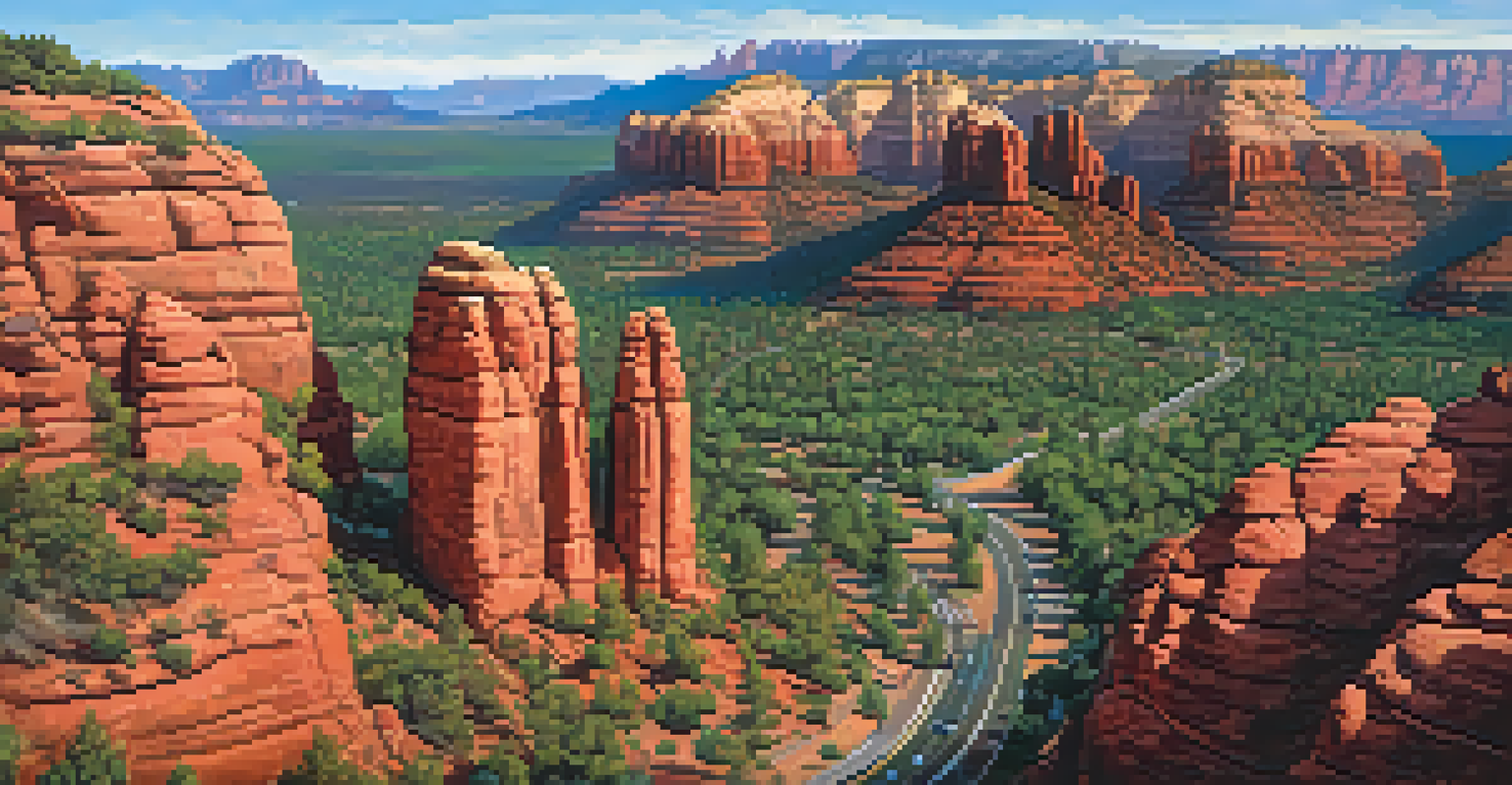 An aerial perspective of the Red Rock Scenic Byway in Sedona, highlighting the red rock formations and lush greenery.