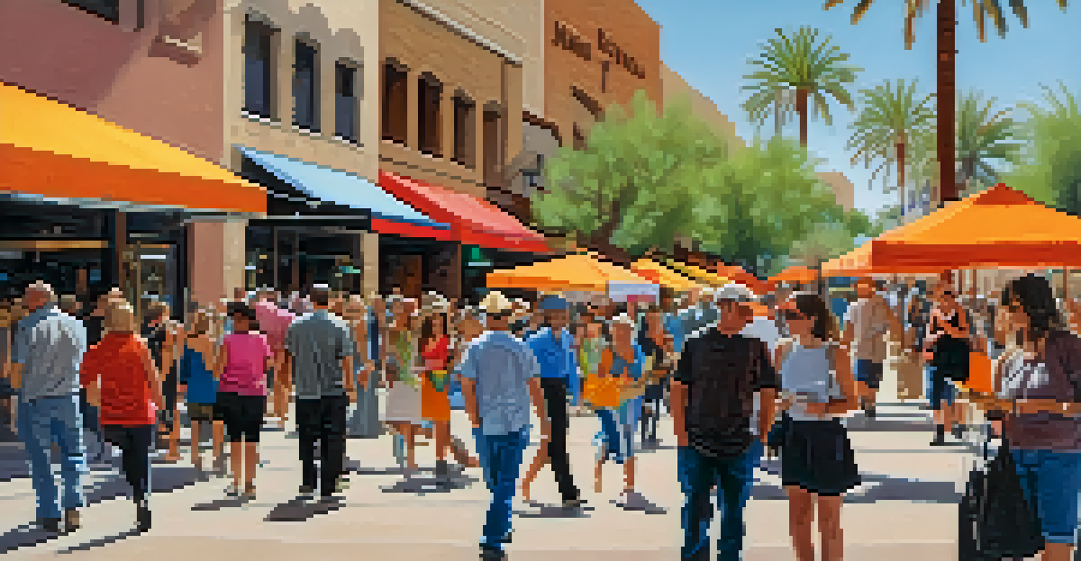 People walking through an art district with galleries and live music during an evening art walk.