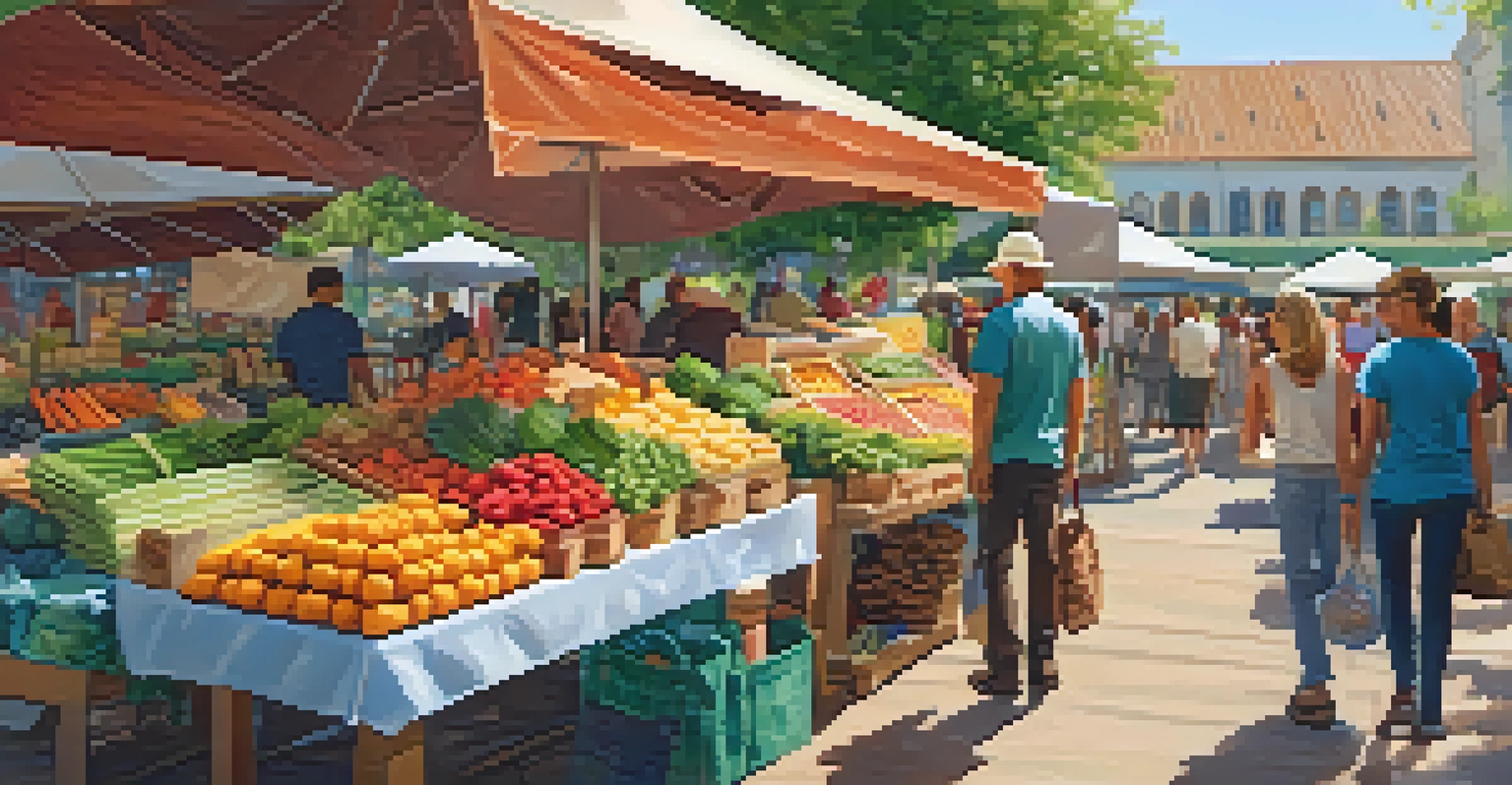 A lively marketplace filled with artisanal foods and handcrafted goods, with visitors browsing the colorful stalls.