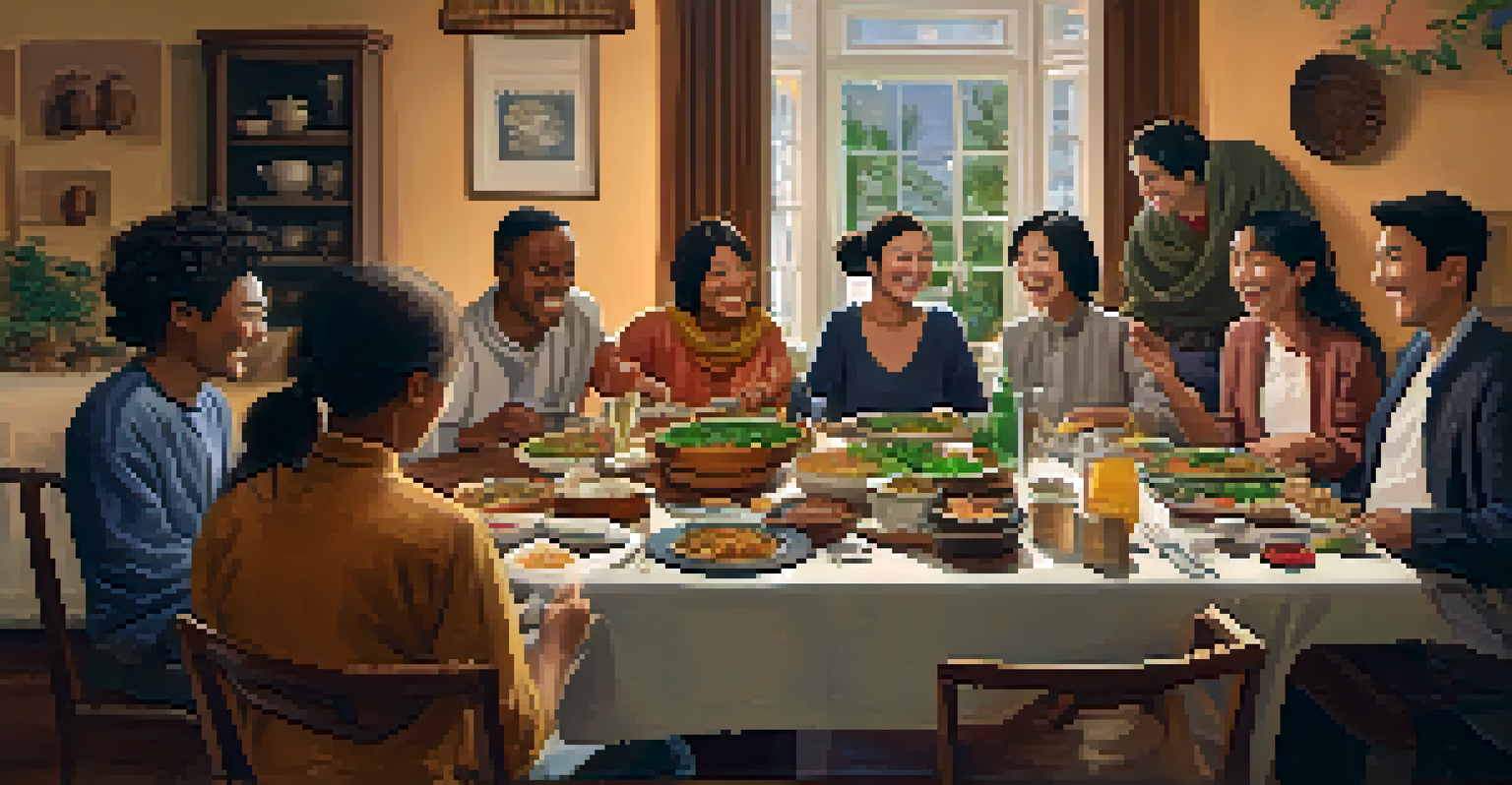 An intimate dinner scene with a host family and international students sharing a meal and laughter.