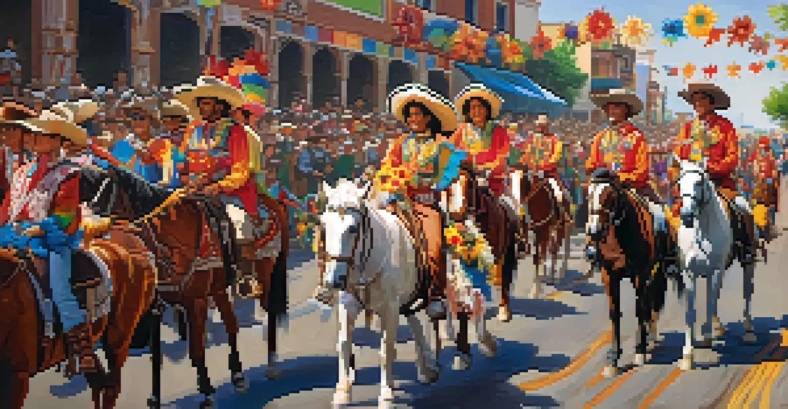 A colorful float and horseback riders in the Parada del Sol parade, with a joyful crowd and bright sunshine.