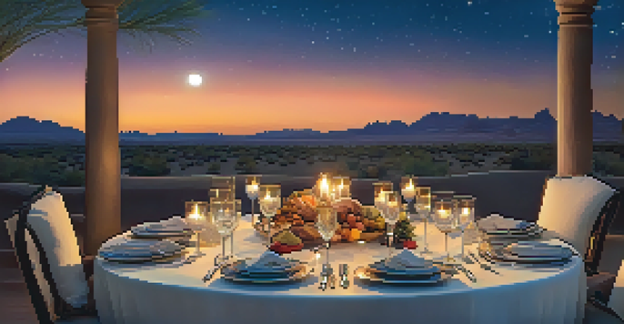 An outdoor dining table set elegantly under the stars, showcasing fine tableware and candlelight against a desert backdrop.