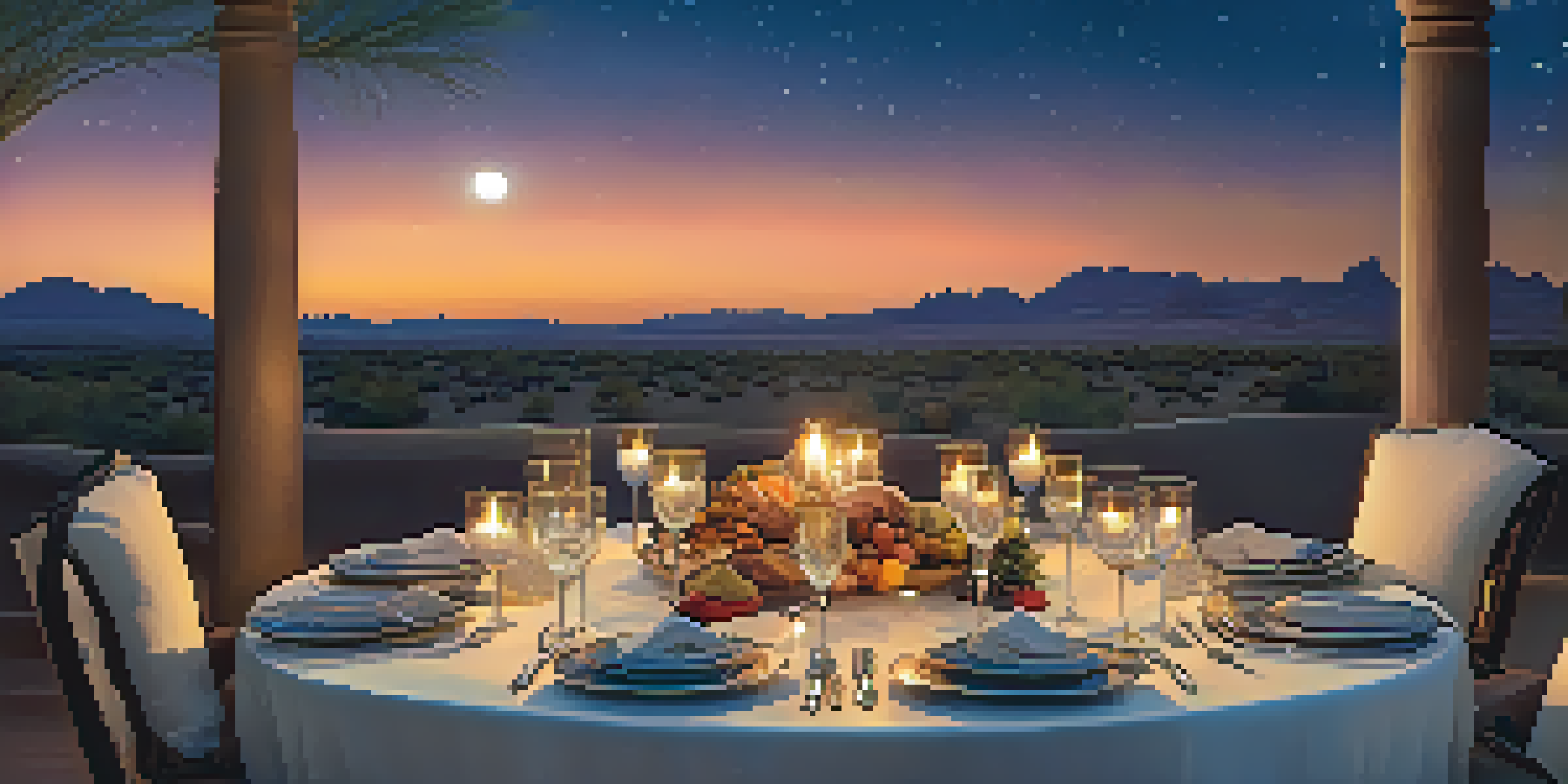 An outdoor dining table set elegantly under the stars, showcasing fine tableware and candlelight against a desert backdrop.