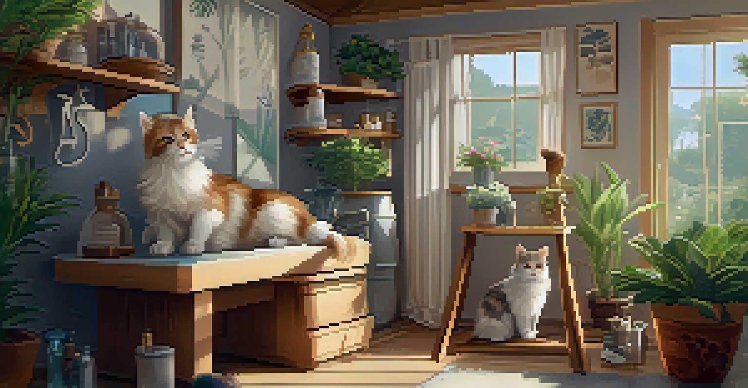 A cat being groomed in a cozy grooming area, with calming decor and soft lighting, creating a soothing environment.