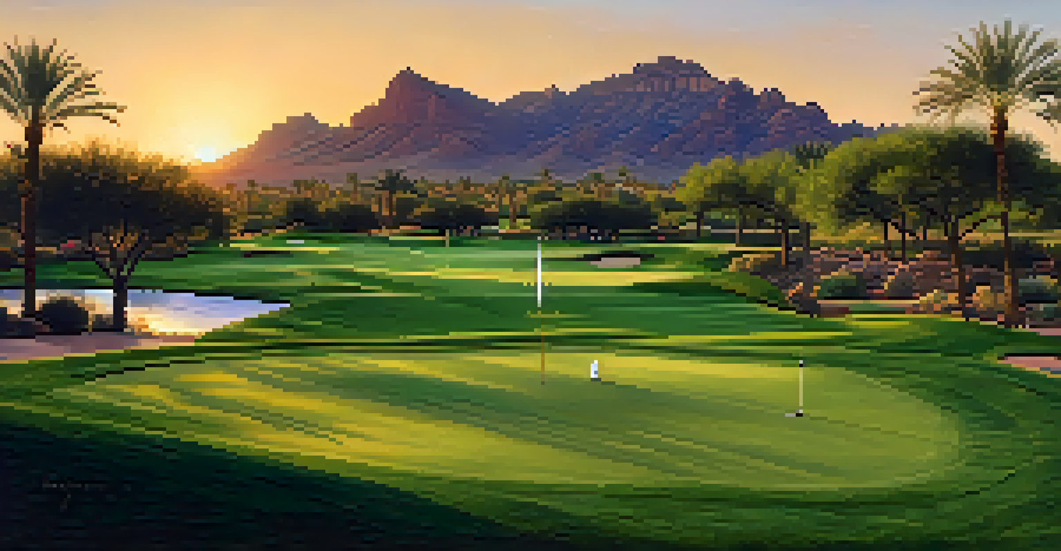 Sunset at The Phoenician Golf Club with a golfer and Camelback Mountain in the background.