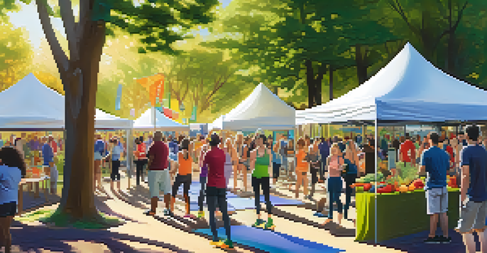 A lively health and wellness fair with colorful booths, attendees engaging in activities like yoga and workshops, and sunlight filtering through trees.