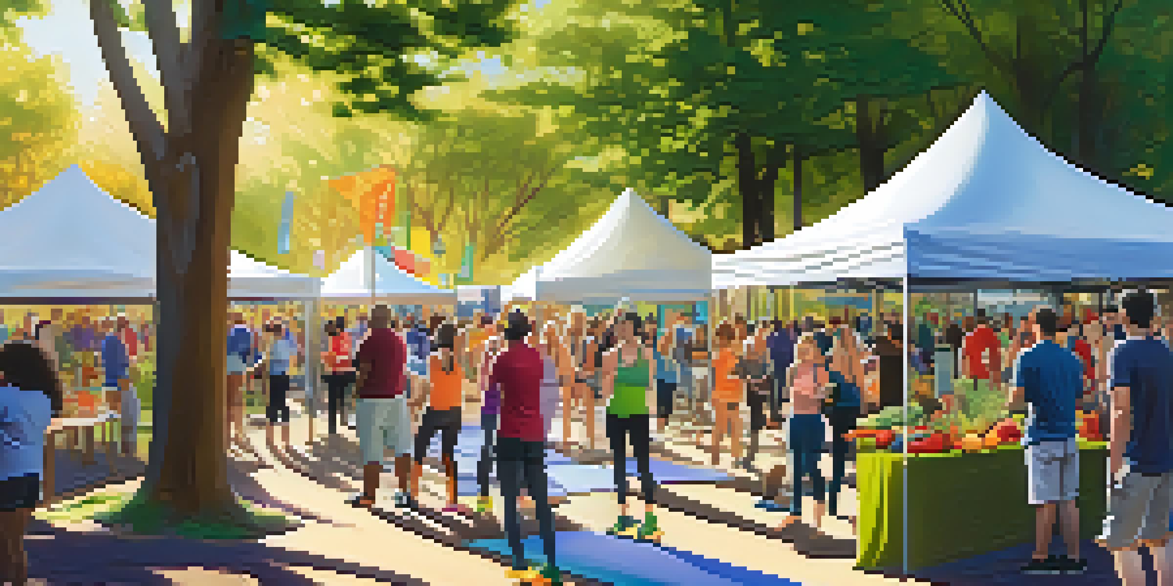 A lively health and wellness fair with colorful booths, attendees engaging in activities like yoga and workshops, and sunlight filtering through trees.