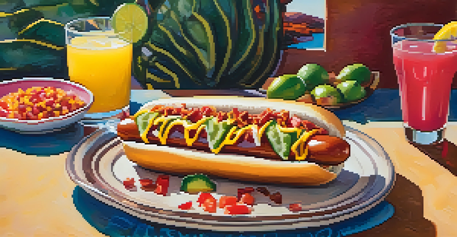 A dining table in Scottsdale featuring a gourmet hot dog and a prickly pear margarita, beautifully arranged with southwestern decor.