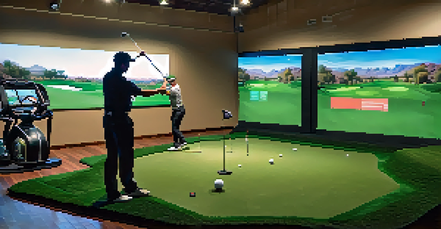An indoor golf training facility with a golf instructor teaching a student, surrounded by simulators and modern equipment.