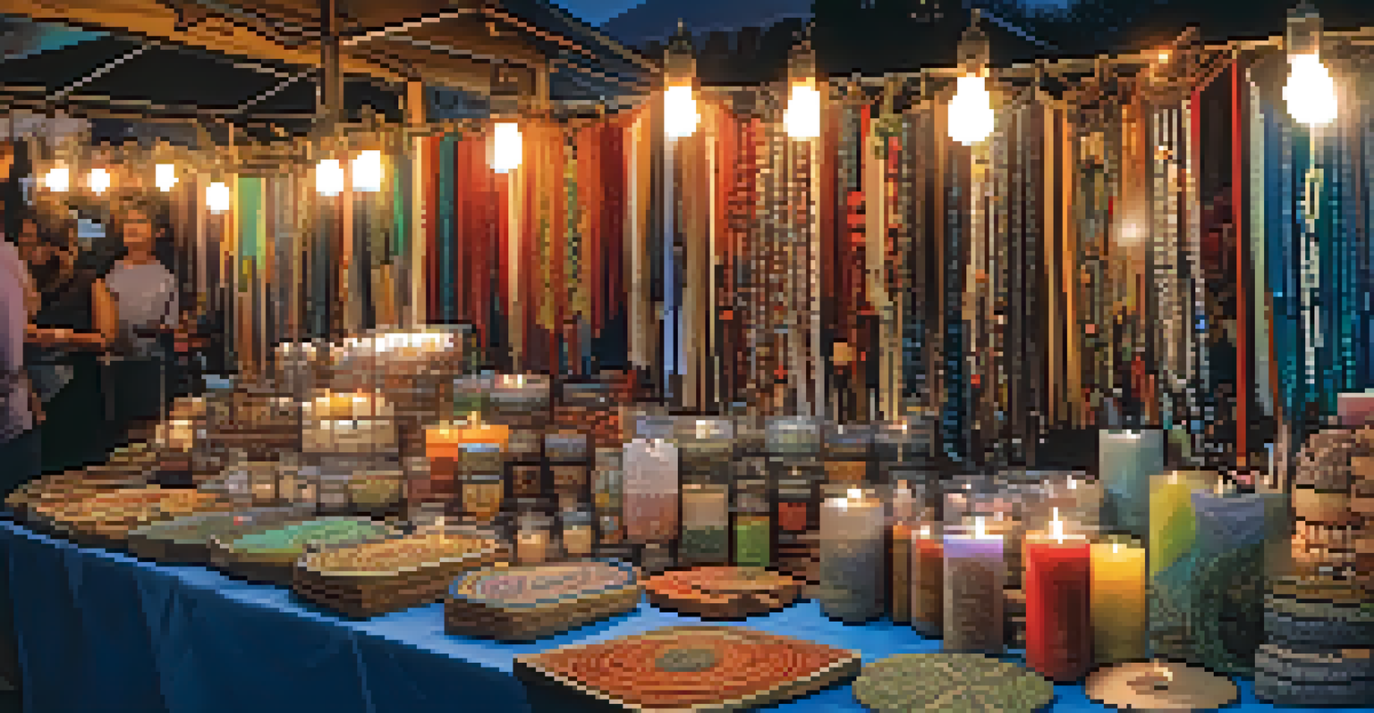 A close-up of a vendor's stall at a night market, displaying handmade crafts, jewelry, and candles in a softly lit environment.