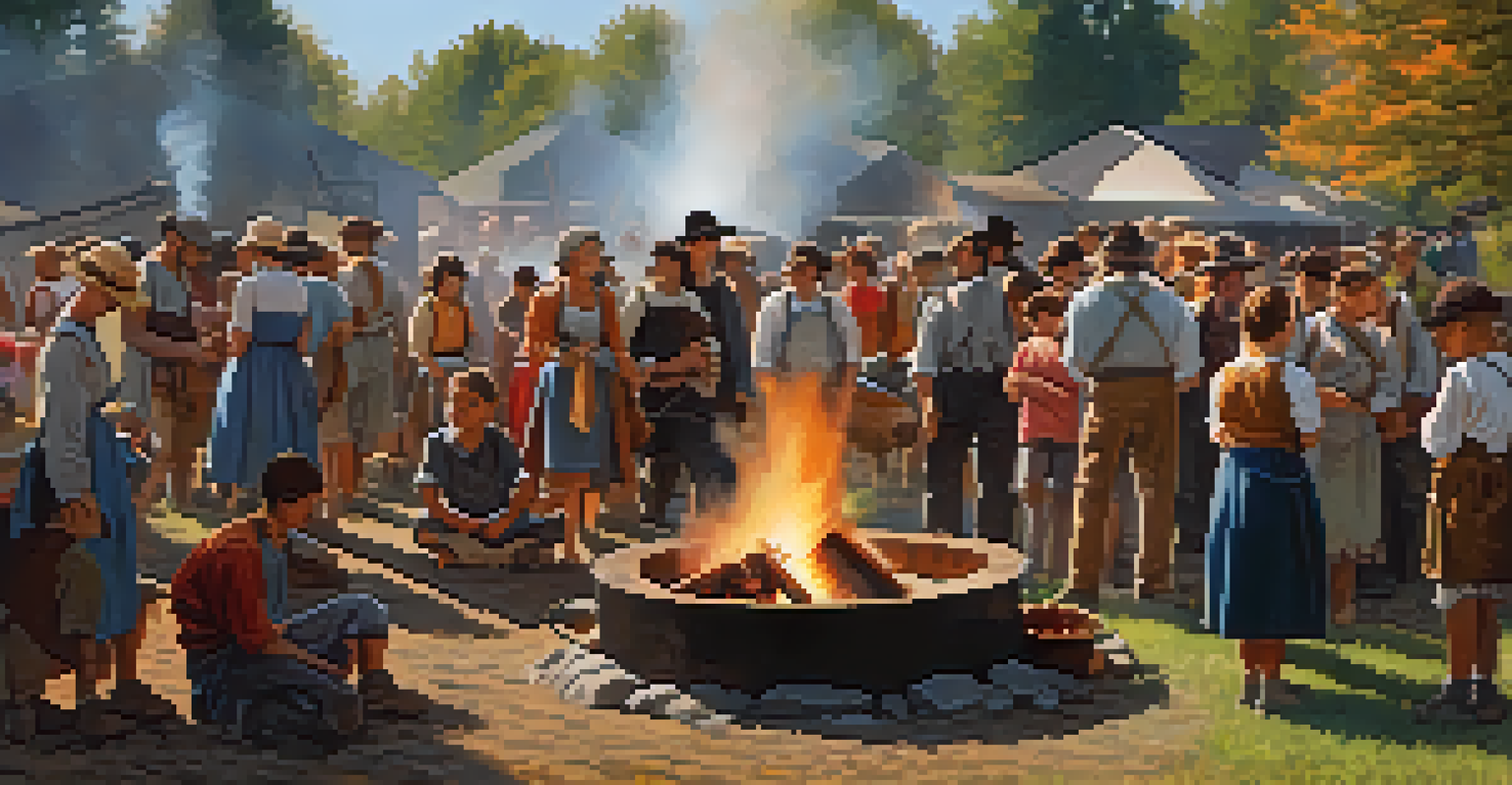 Families and children participating in interactive workshops during a historical reenactment, with vibrant colors and engaging activities.