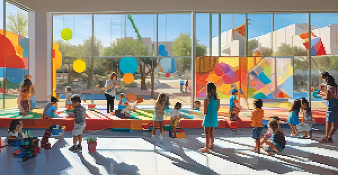 Children participating in an interactive art workshop at the Scottsdale Museum of Contemporary Art, surrounded by colorful modern art.