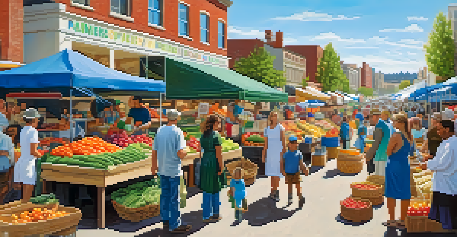 A vibrant farmers' market with vendors selling fresh produce and handmade goods, bustling with shoppers under a clear blue sky.