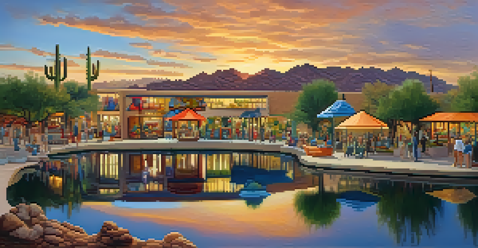 A panoramic view of artistic installations at the Scottsdale Waterfront with colorful sculptures and murals at sunset.