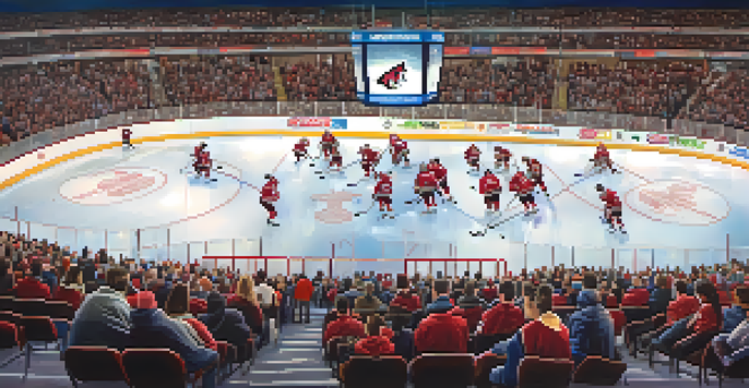 A lively hockey game scene featuring Arizona Coyotes players and excited fans in the arena, with bright lights and colorful reflections on the ice.