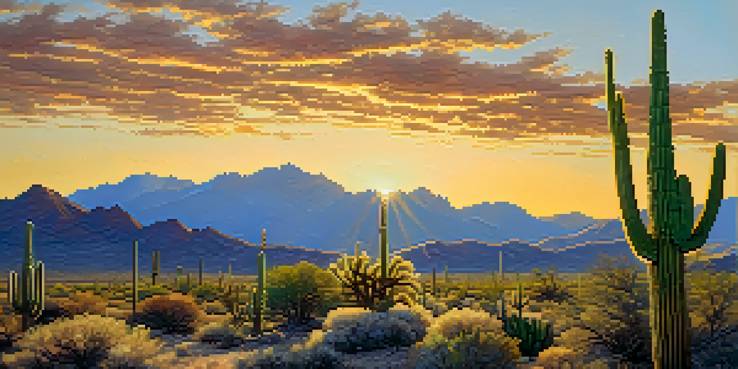 A panoramic view of the McDowell Sonoran Preserve at sunrise, featuring saguaro cacti and rugged mountains illuminated by golden sunlight.