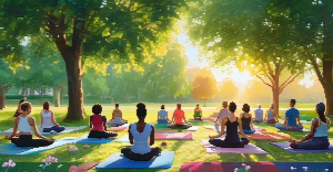 A peaceful outdoor yoga class in a green park with diverse participants practicing yoga poses on colorful mats under soft sunlight.