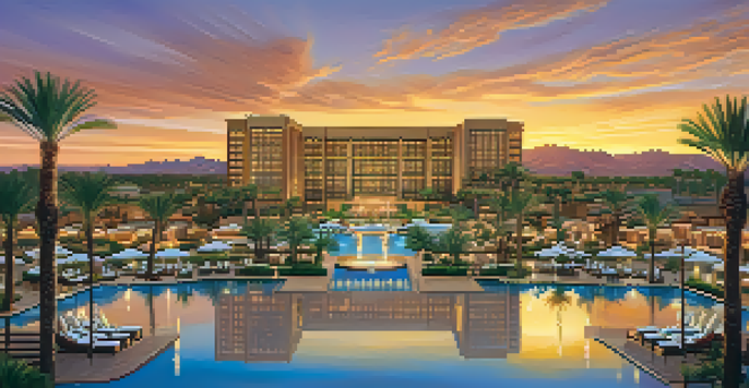 A luxurious hotel with elegant architecture set in the Sonoran Desert at sunset, featuring palm trees and reflecting pools.