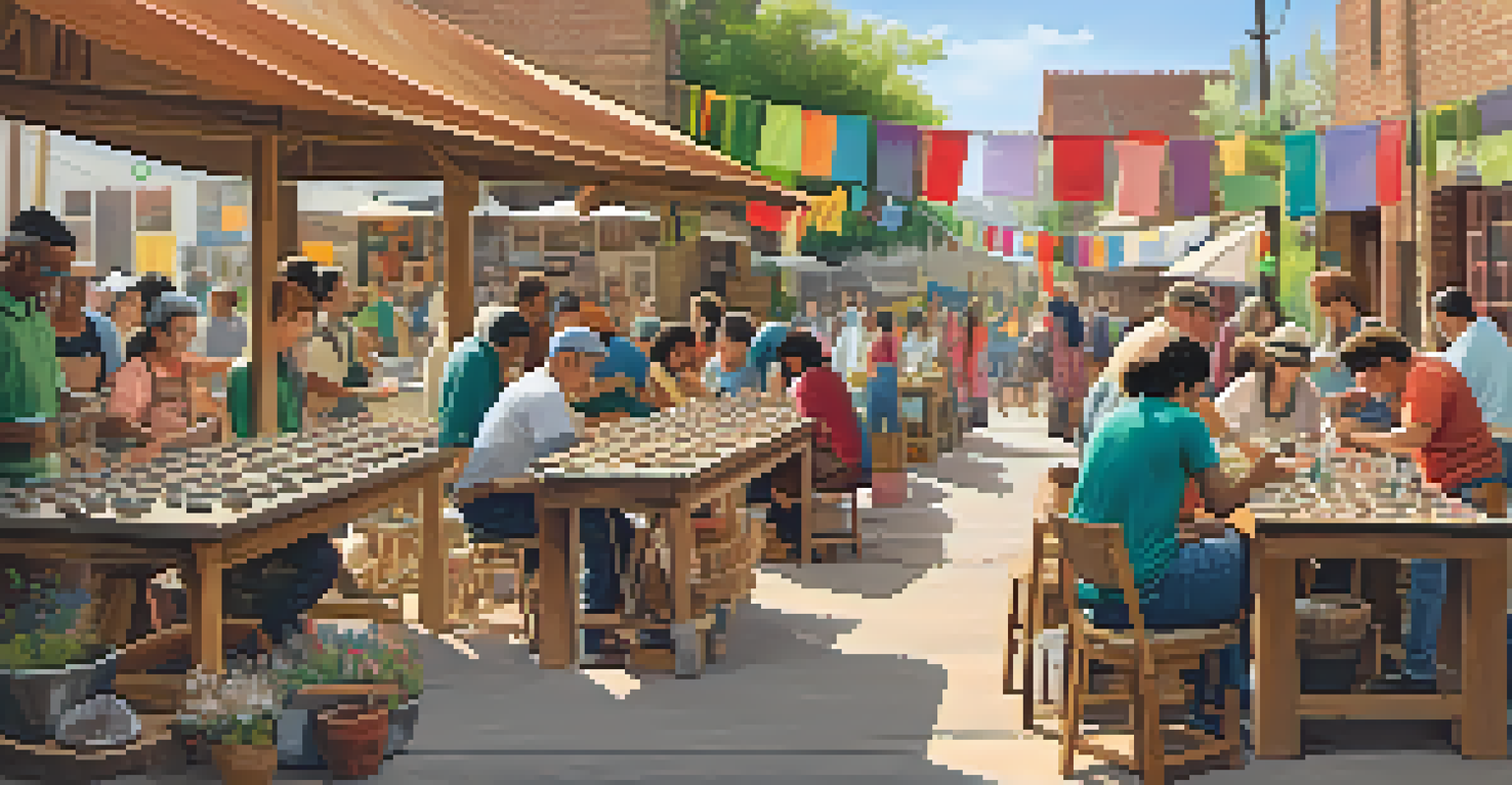 A vibrant community workshop with people engaging in creative activities like pottery and painting outdoors.