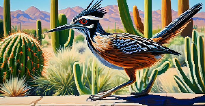 A roadrunner sitting on a desert shrub in an urban setting, with modern buildings and cacti in the background under a clear blue sky.