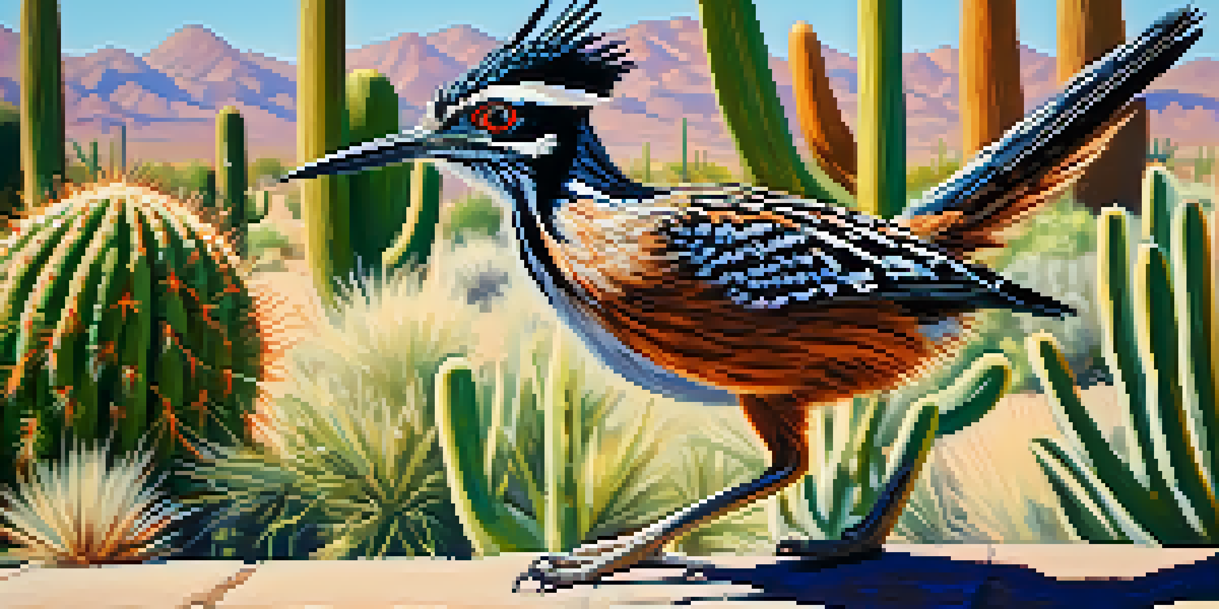 A roadrunner sitting on a desert shrub in an urban setting, with modern buildings and cacti in the background under a clear blue sky.