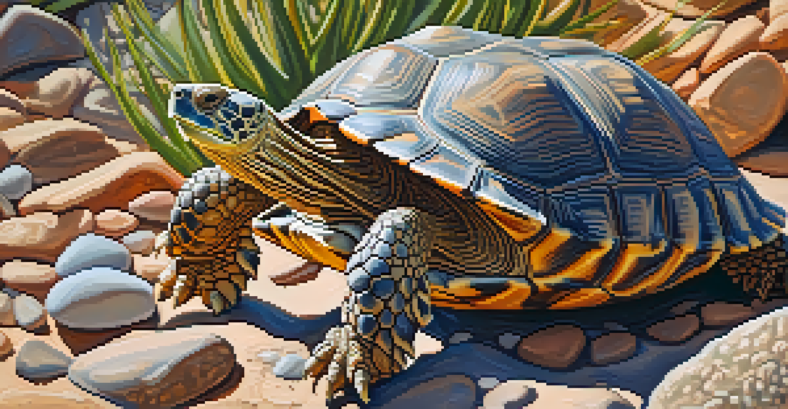 A desert tortoise basking in the sun on rocky ground with desert plants around it.