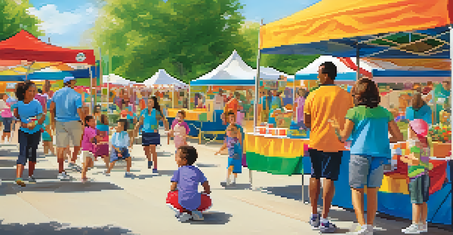 A family at a health fair with children engaging in fitness activities and arts and crafts, surrounded by colorful booths and a joyful atmosphere.