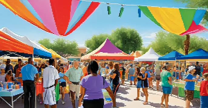 A colorful community health fair in Scottsdale with booths, residents engaging in health activities, and bright banners in a sunny environment.