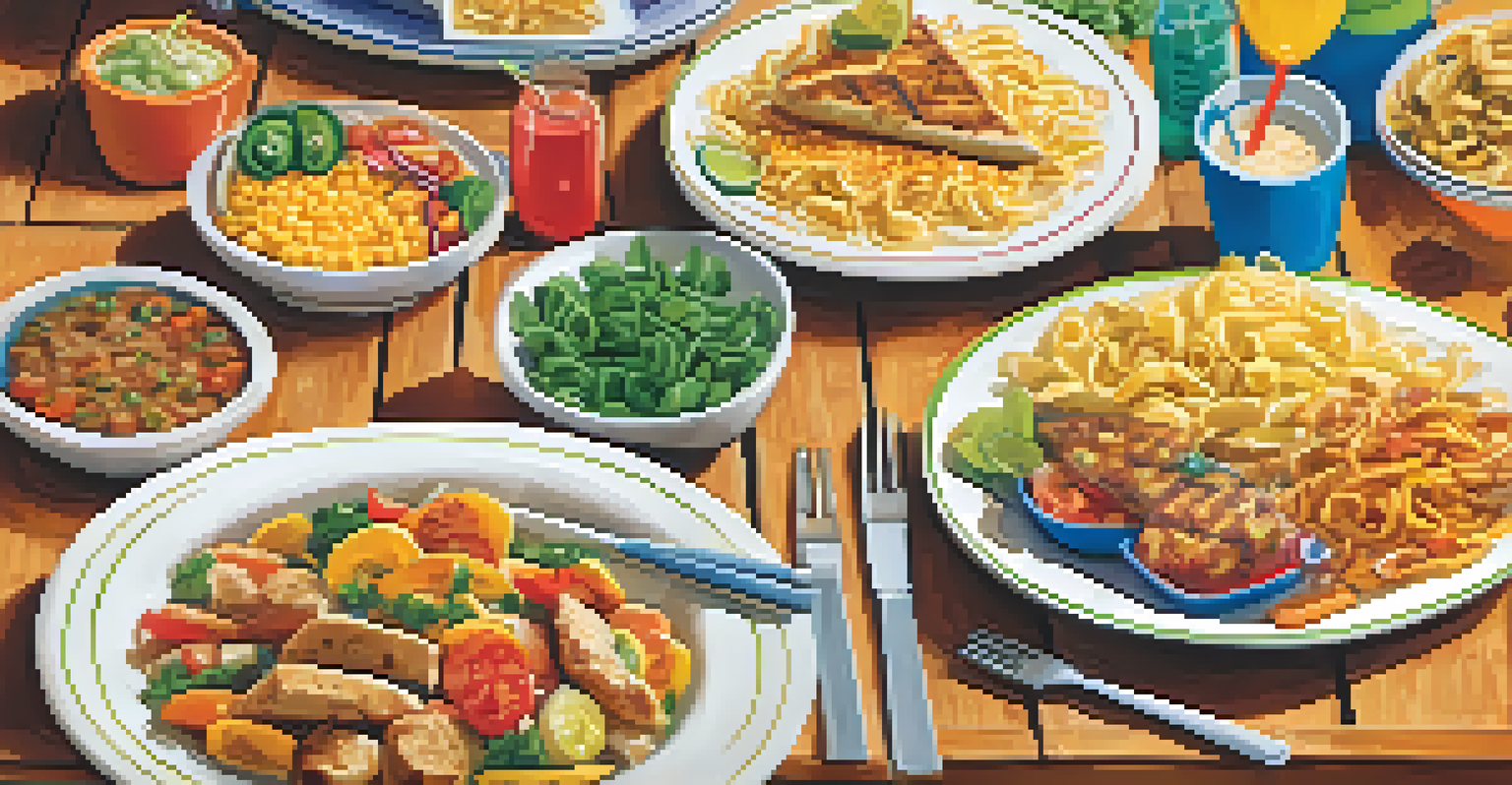 A colorful kids' menu showcasing healthy food options like grilled chicken skewers and veggie quesadillas, with fun illustrations.