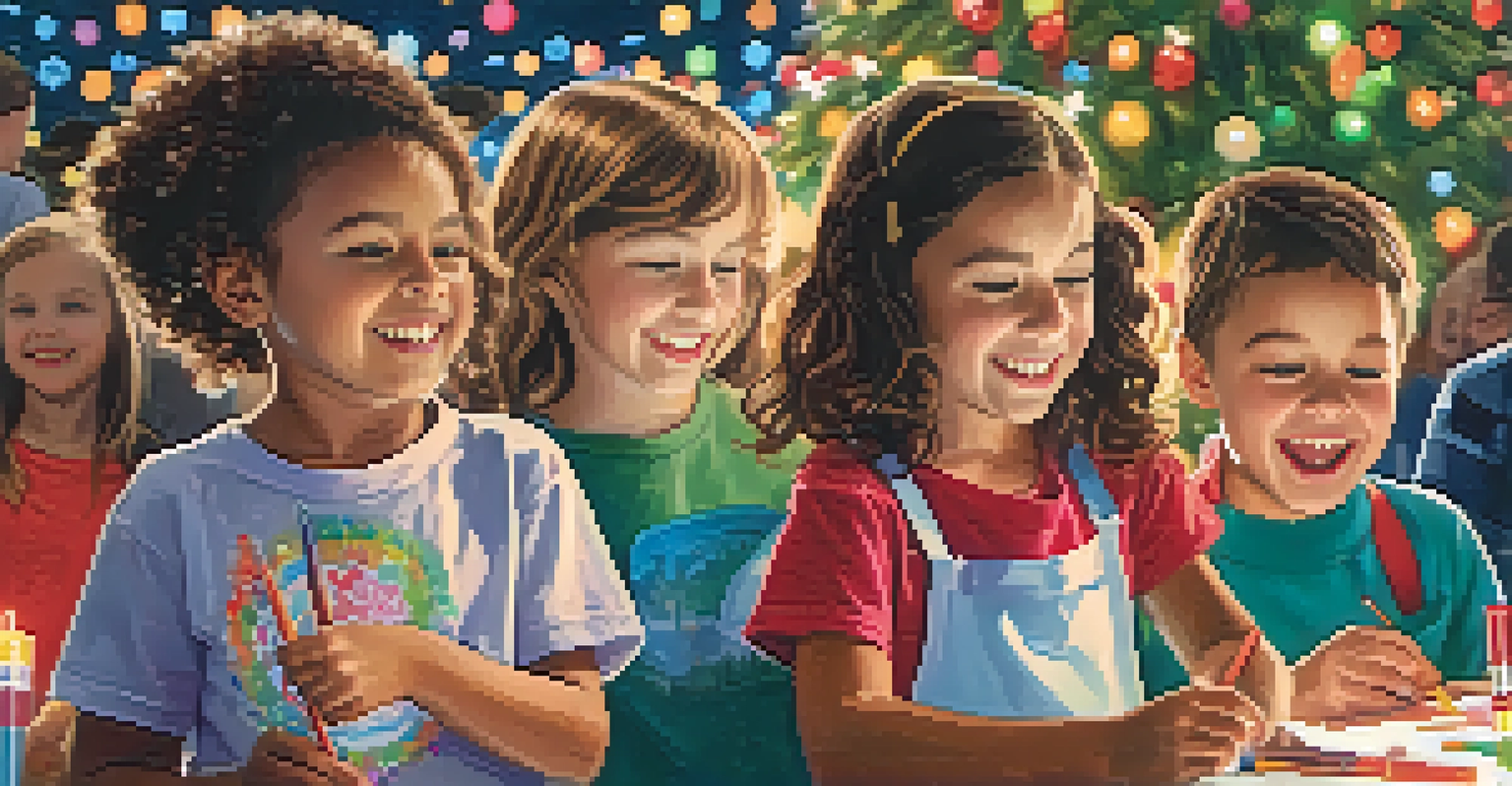 Children happily engaged in holiday crafts, with colorful supplies and a glowing Christmas tree in the backdrop.